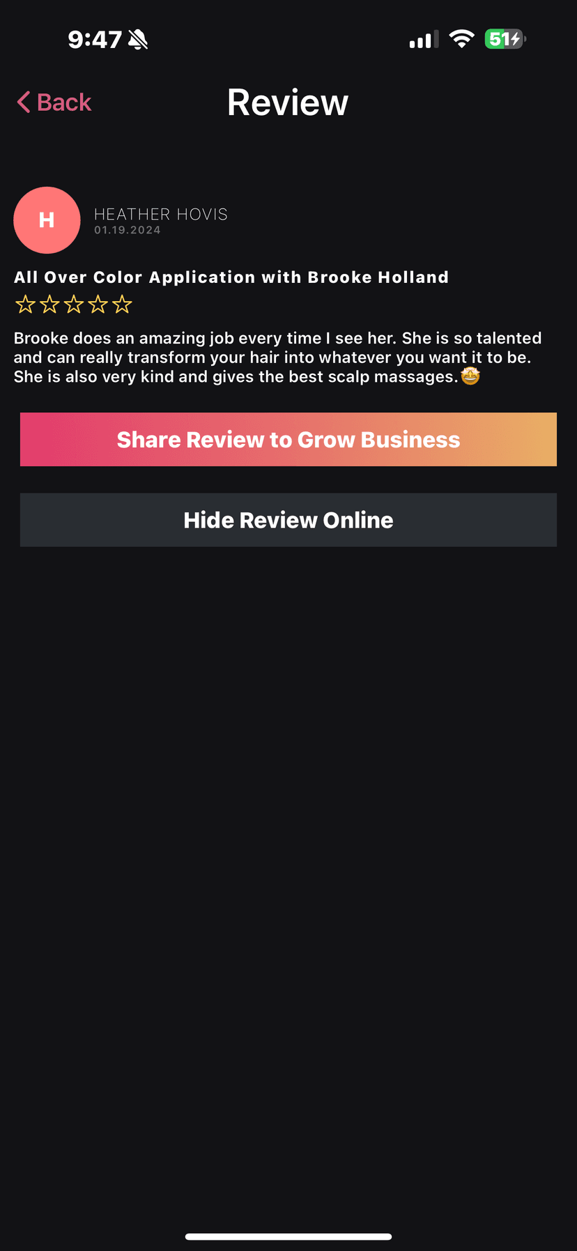 Five-star Google review by Heather. She writes that Brooke transformed her hair with all-over color, was extremely kind, and gave her a relaxing scalp massage during the wash.