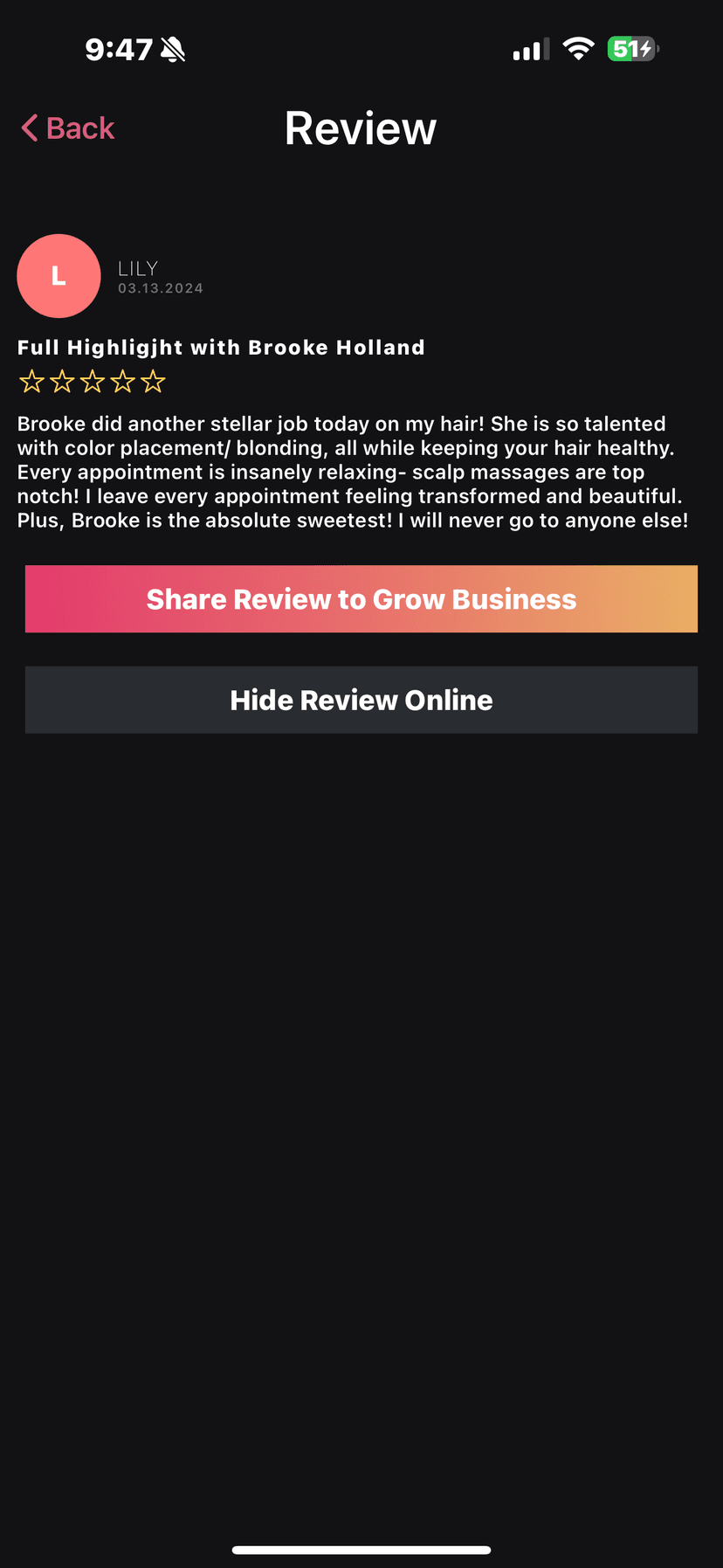 Five-star Google review by Lily. She writes that Brooke is talented at full highlights and color blonding, and that the scalp massage was incredible.