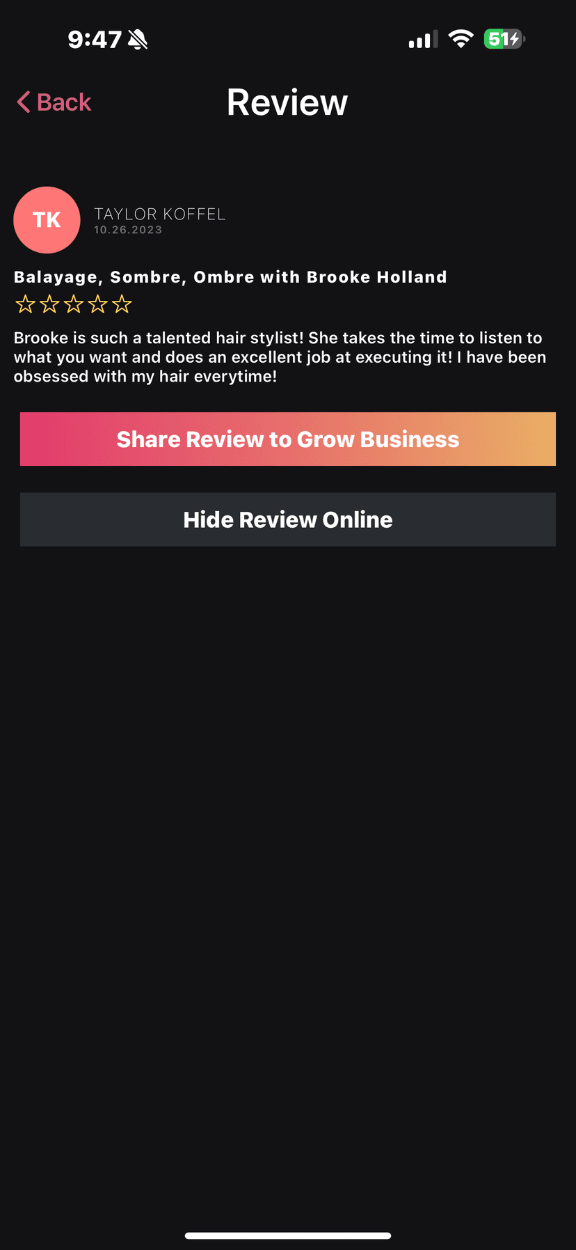 Five-star Google review by Taylor Koffel. She writes that Brooke is talented at balayage, sombre, and ombre, that she listens carefully, and that the experience was excellent.